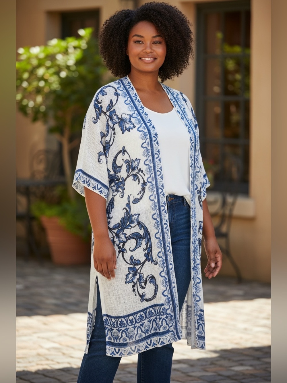 Chicos Longline Open Cardigan Blue White Coastal Sz 3/XL